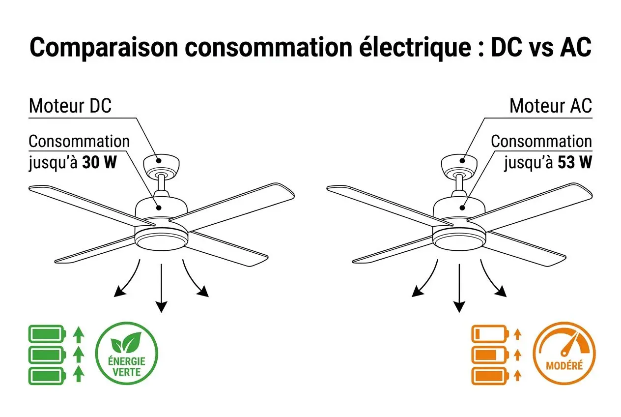 Comparaison consommation électrique : DC vs AC, déstratificateur air, moteur DC consommant jusqu’à 30 W et économie verte, versus moteur AC jusqu’à 53 W avec consommation orange modérée.