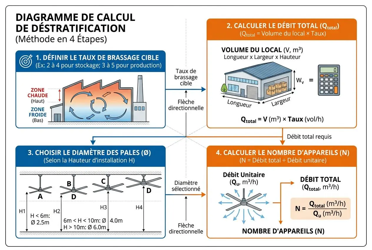Schéma explicatif en 4 étapes pour déstatiser l’air: définition du taux de brassage, calcul du débit total, choix du diamètre des pales et calcul du nombre d’appareils.