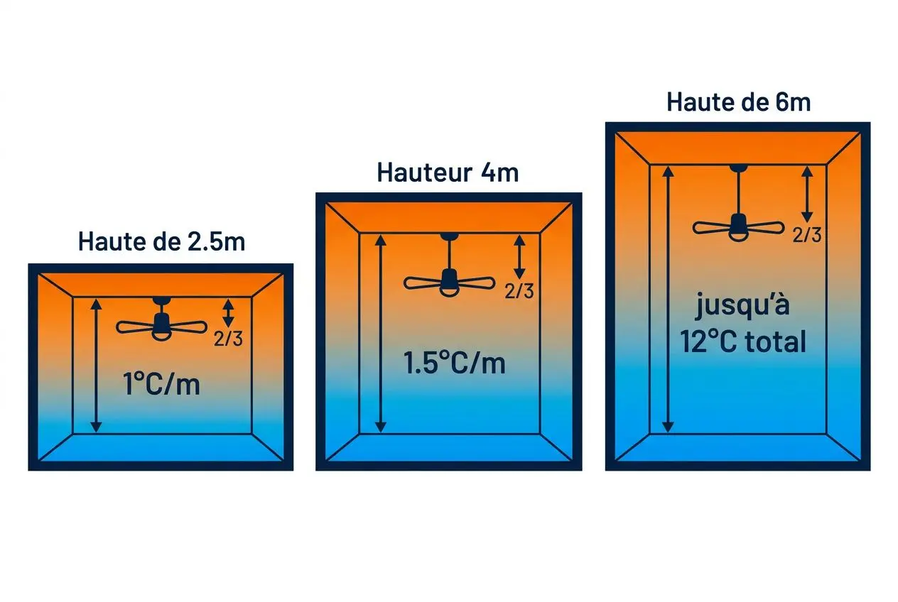Différence entre ventilateurs déstratification et HVLS: schéma montrant des hauteurs de 2,5 m, 4 m et 6 m avec gradients de température et flux d’air, indiquant l’effet de déstratification et les niveaux de déperdition.