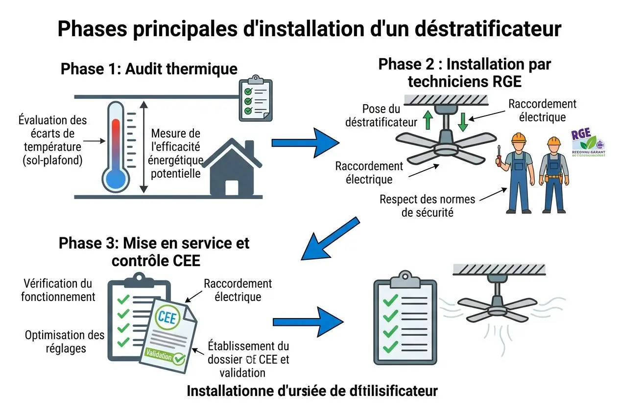 Schéma expliquant les phases d’installation d’un déshumidificateur: audit thermique, installation par techniciens RGE, mise en service CEE et contrôle, avec un bouton de validation et un comparison step vers un extracteur d’air permanent. Meilleur extracteur d air permanent au centre.