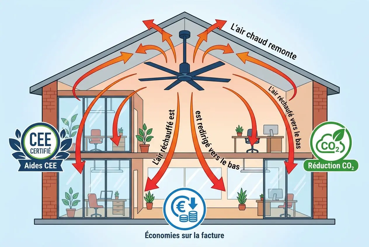 Déstratificateur d air maison: schéma illustrant la remontée d’air chaud et la redistribution vers le bas pour homogénéiser la température et réduire les factures.
