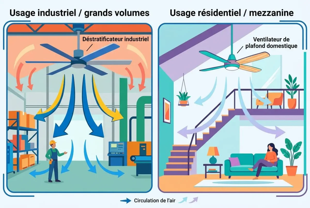 Déstratificateur d'air utilisé en milieu industriel et résidentiel, avec flux d'air circulant vers le haut et les côtés dans des locaux et un salon mezanine.